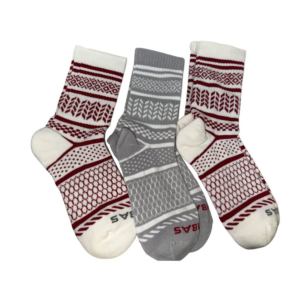 Bombas Fairisle Socks Women's Calf Crimson Red Grey Checkered 3 Pair Size Medium